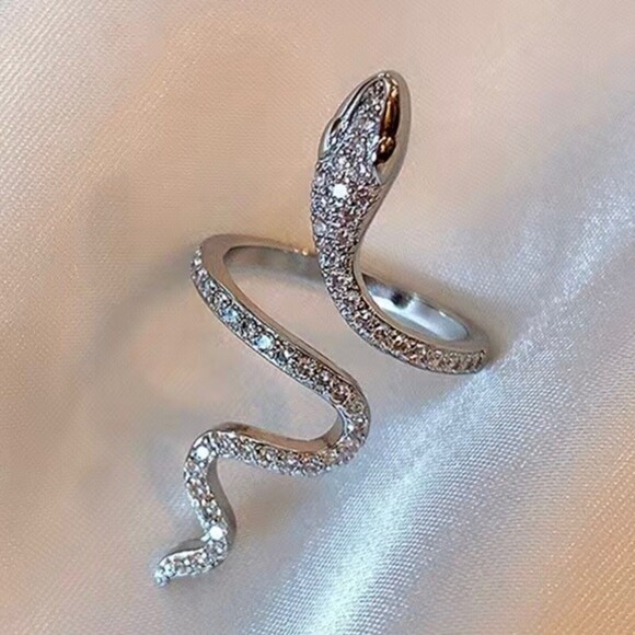 Silver Rhinestone Inlaid Adjustable Snake Statement Ring Jewelry - Picture 1 of 13